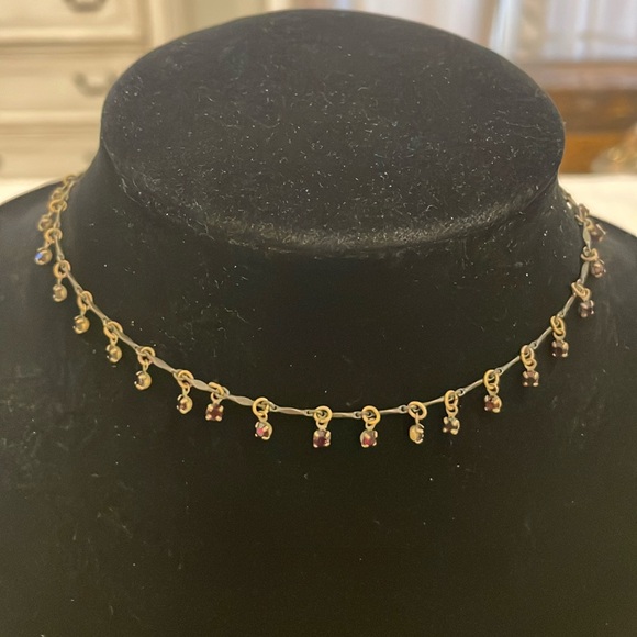 Vintage Shelly Renee Brass Gold Tone Burgundy Rhinestone Choker Necklace - Picture 1 of 3